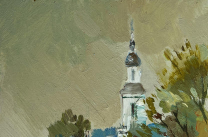 Impressionistic oil painting of white village church steeple by Yuriy Suprunchuk