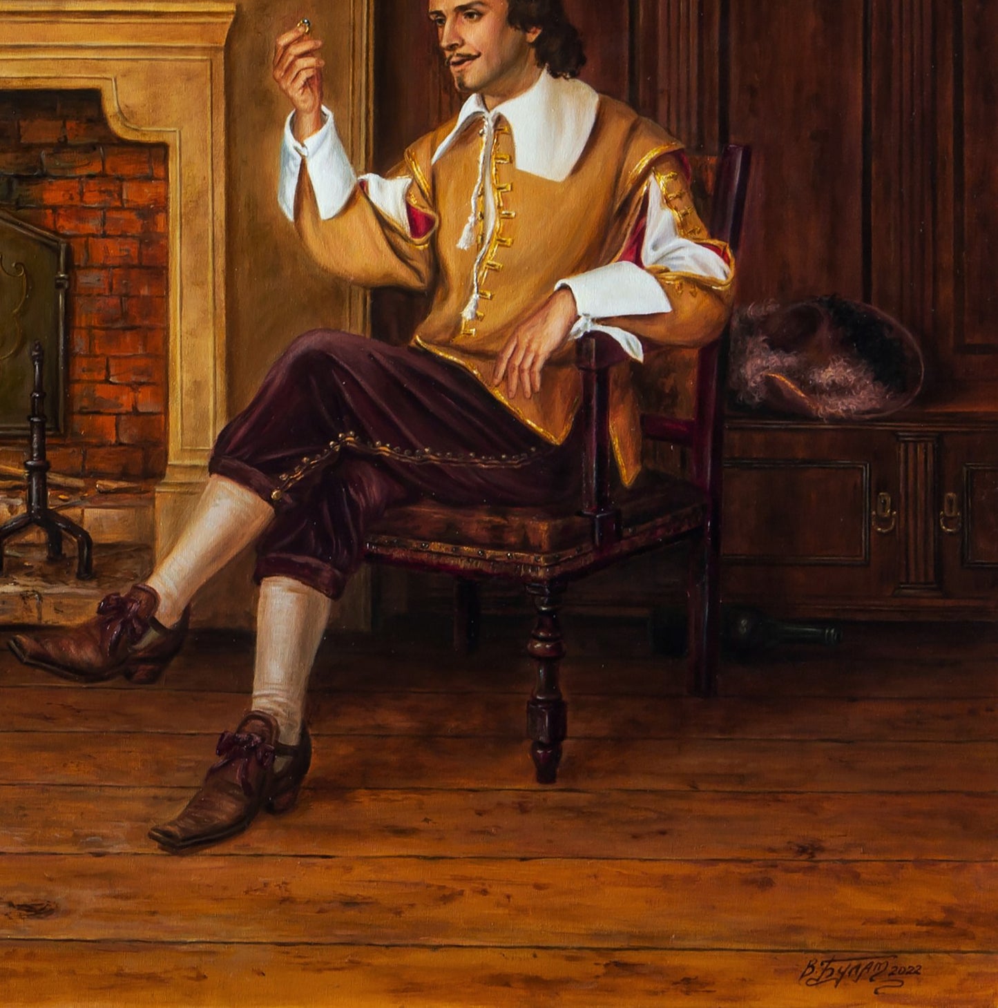 Oil painting Ring of Athos by Valeriy Bulat: elegant man in doublet on ornate chair