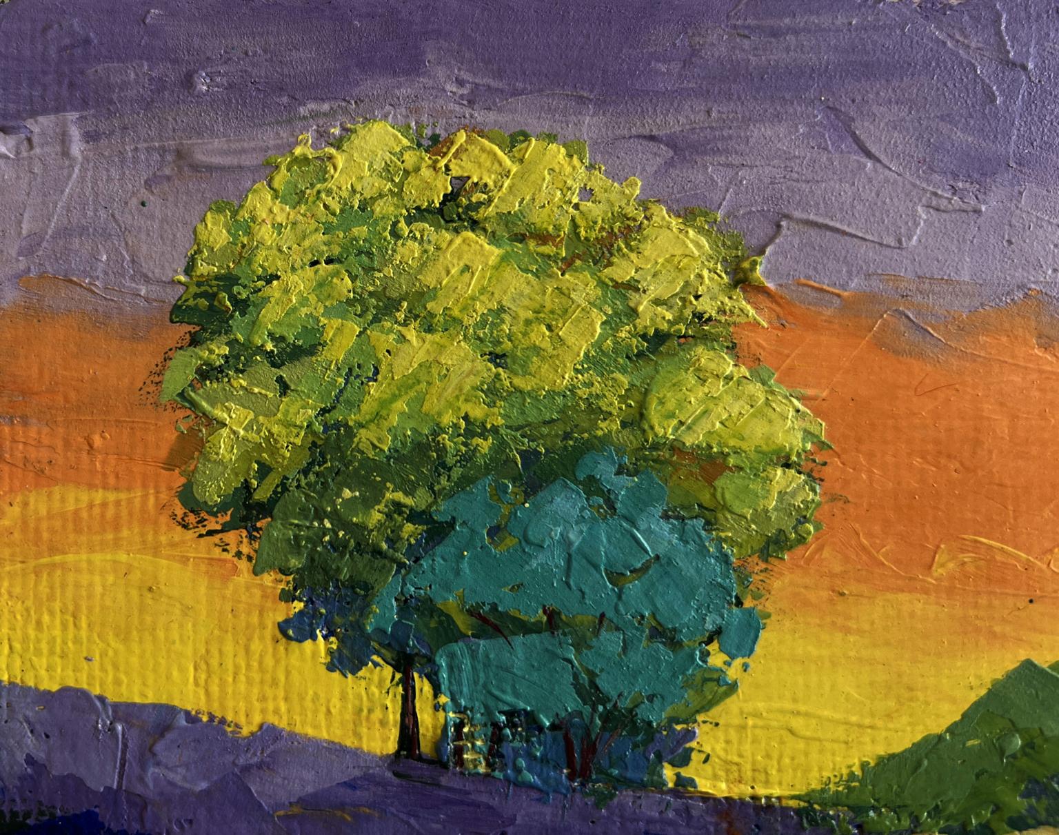Oil painting of textured forest tree with green teal foliage and sunset sky by V. Zadorozhnya