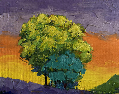 Oil painting of textured forest tree with green teal foliage and sunset sky by V. Zadorozhnya