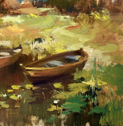 Oil painting A moment of silence by the river by Yuriy Suprunchuk: rustic rowboat among lily pads