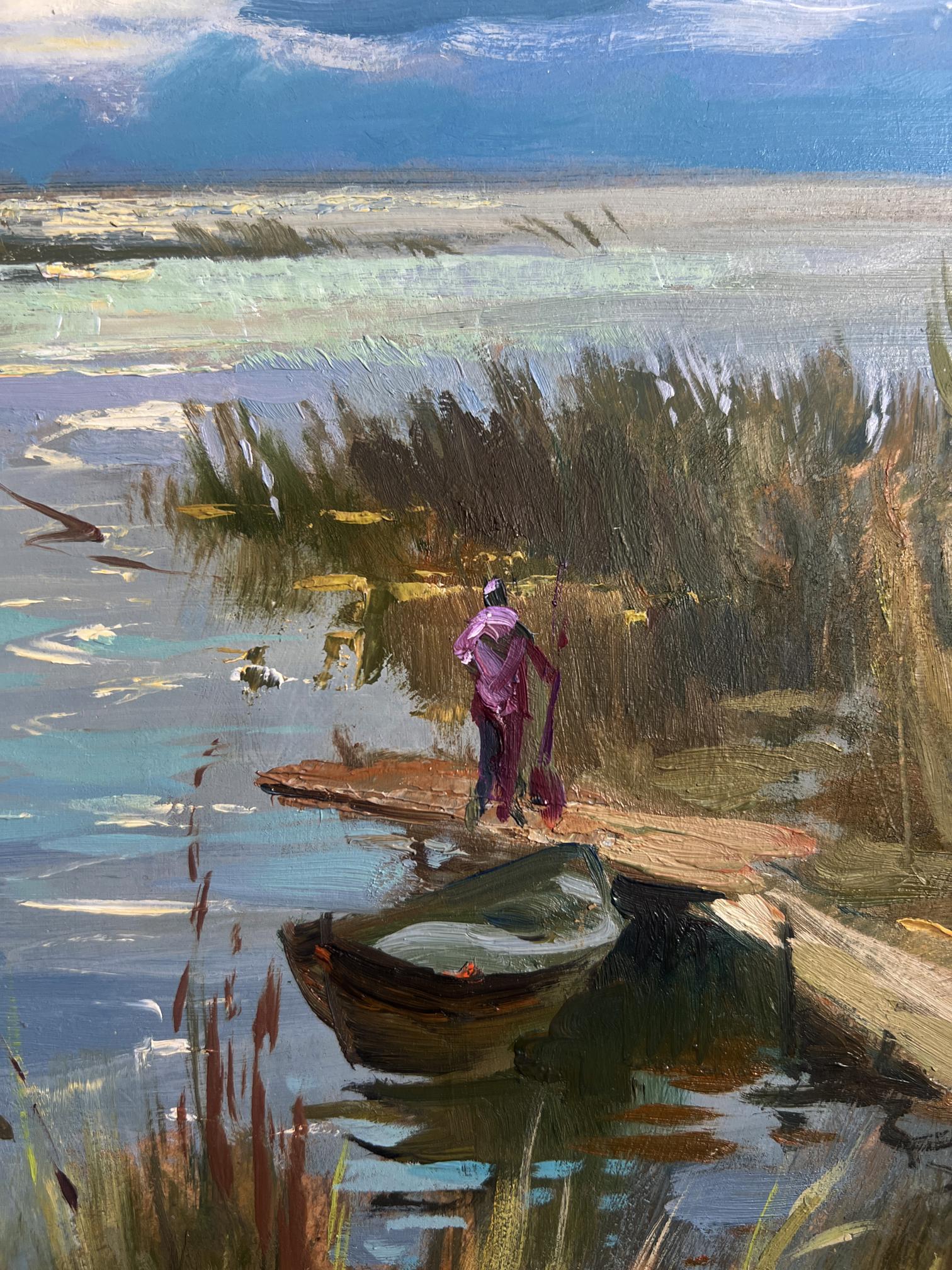 Oil painting Seeing off the Sunset by Yuriy Suprunchuk: figure on dock by rowboat