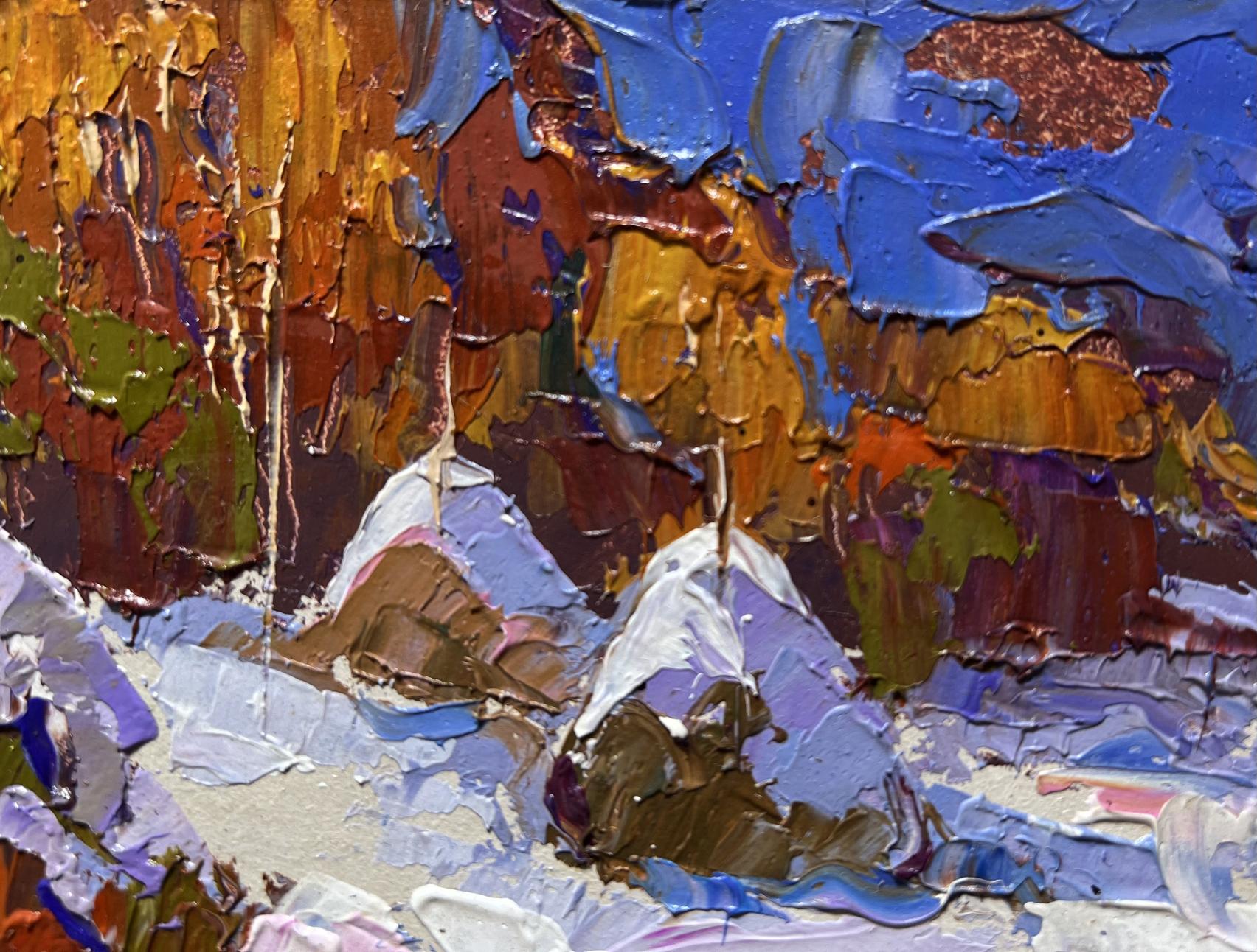 Oil painting Winter night in nature by Oksana Ivanyuk, textured blue impasto