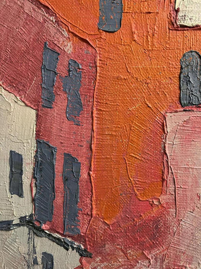 Oil painting Spots by Serhiy Kovalev: abstract orange red with gray windows