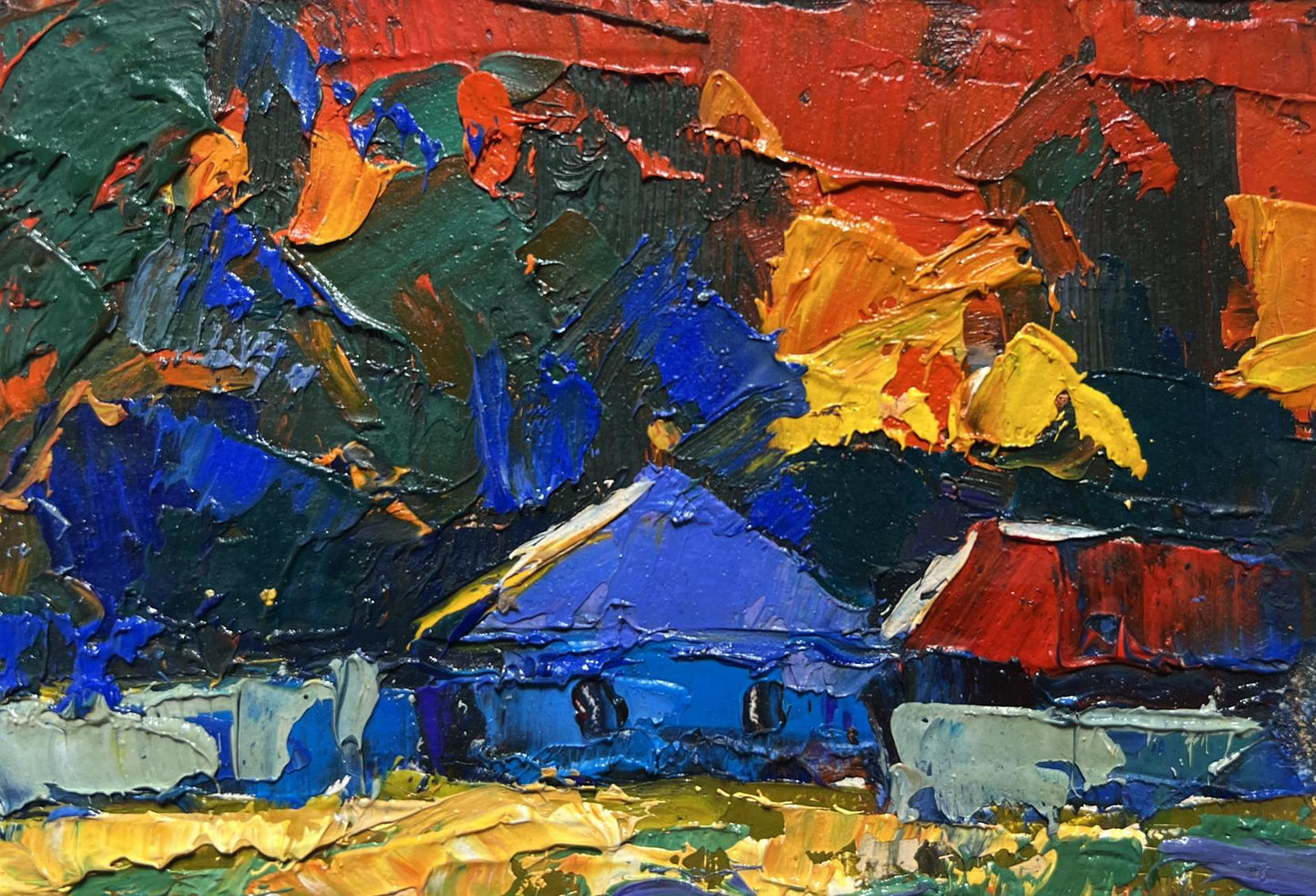 Vibrant Oksana Ivanyuk oil painting of amazing evening sunset with impressionist houses