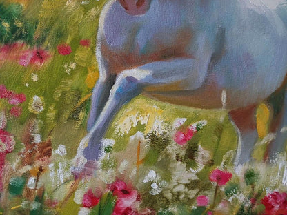 Oil painting of white horse galloping by Anatoly Tarabanov