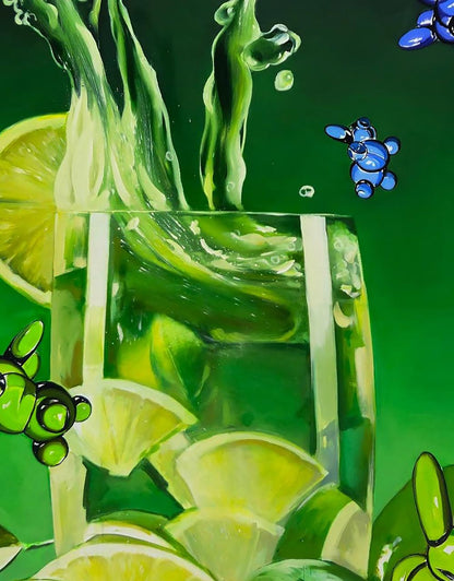 Vibrant green limeade oil painting by Igor Konovalov with lemon garnish