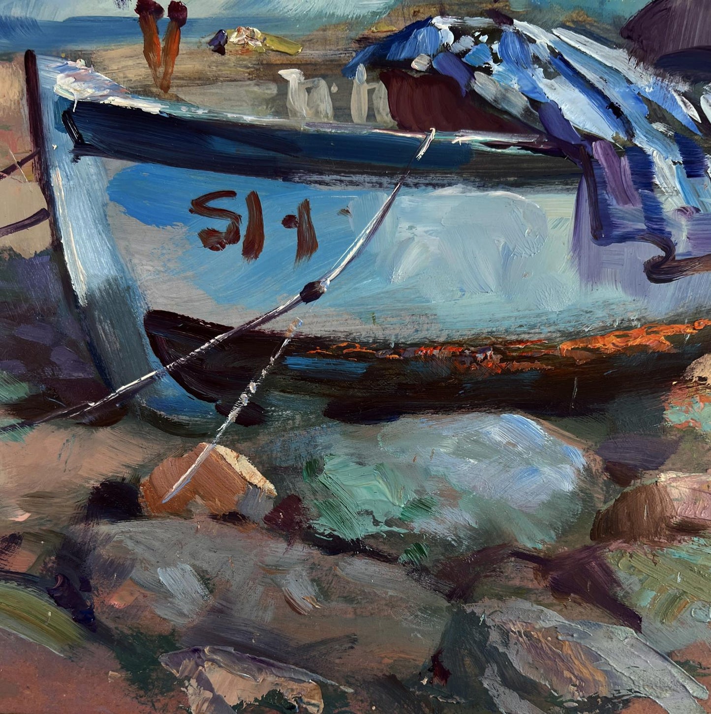 Oil painting of weathered blue fishing boat on rocky shore by Yuri Suprunchuk
