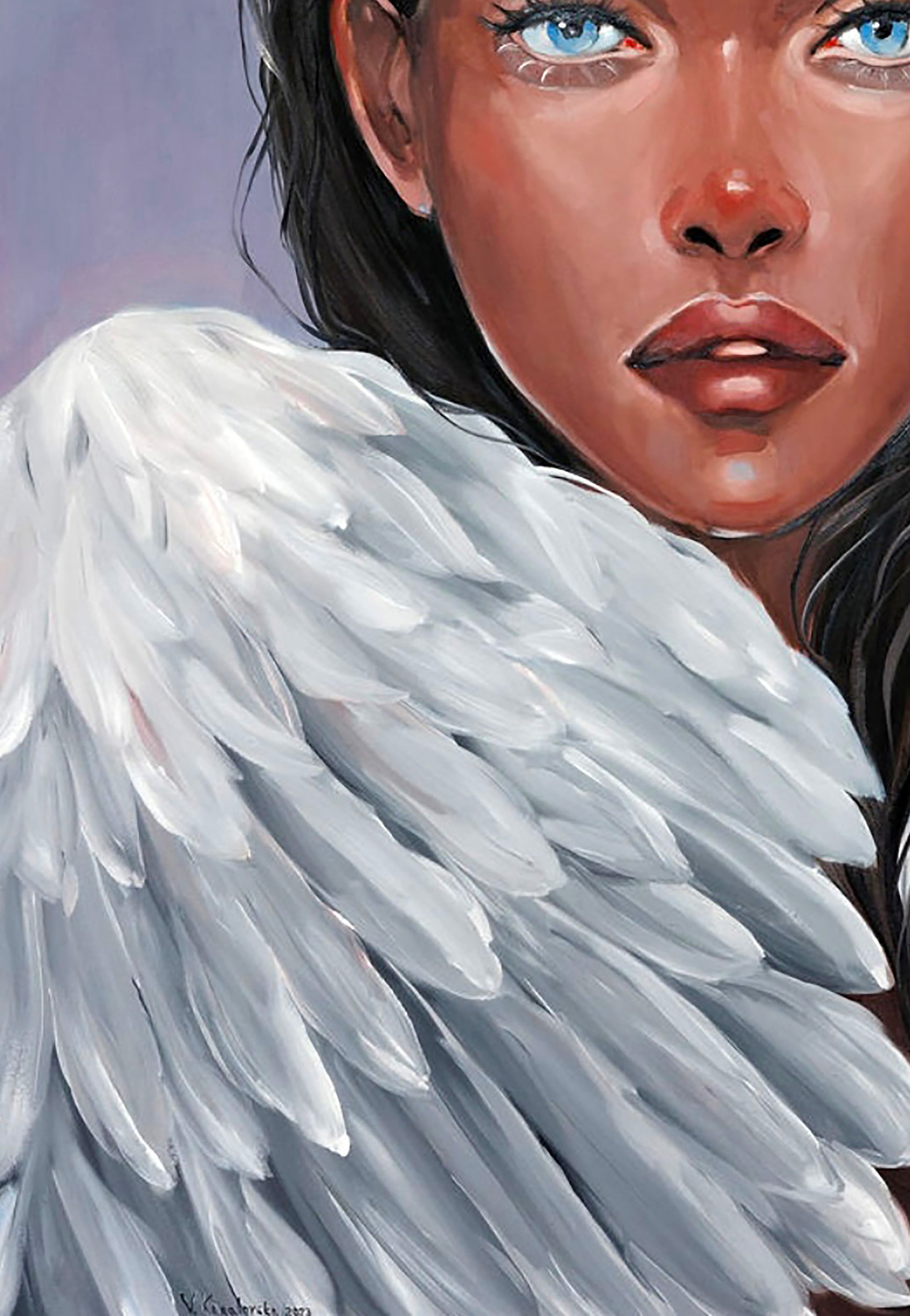 Detailed white feathered angel wing oil painting by Victoria Kagalovska