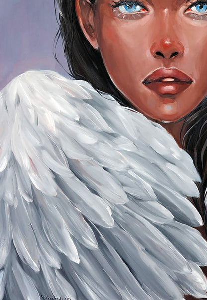 Detailed white feathered angel wing oil painting by Victoria Kagalovska