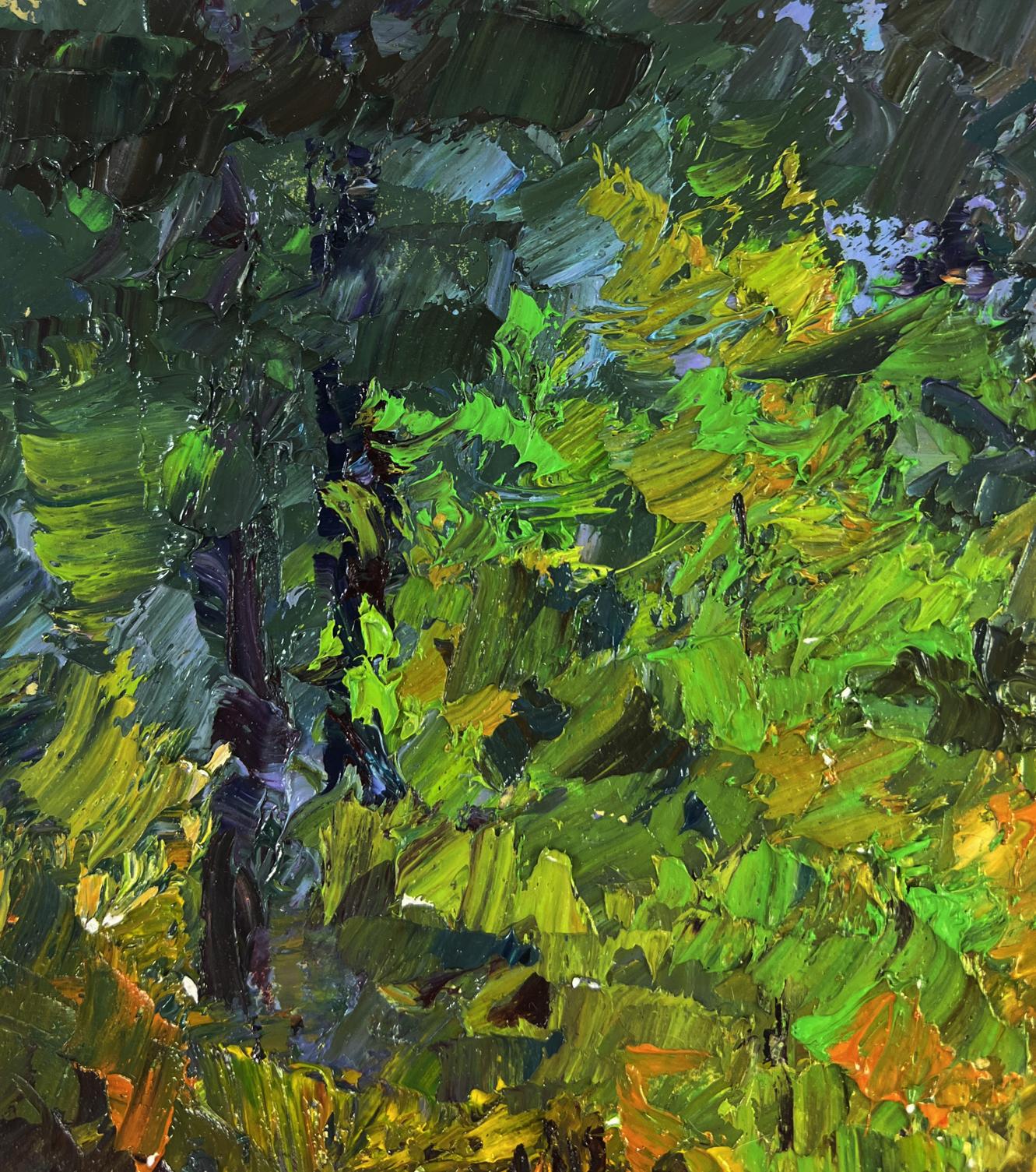 Vibrant impressionist oil painting of foliage by Boris Serdyuk with warm light
