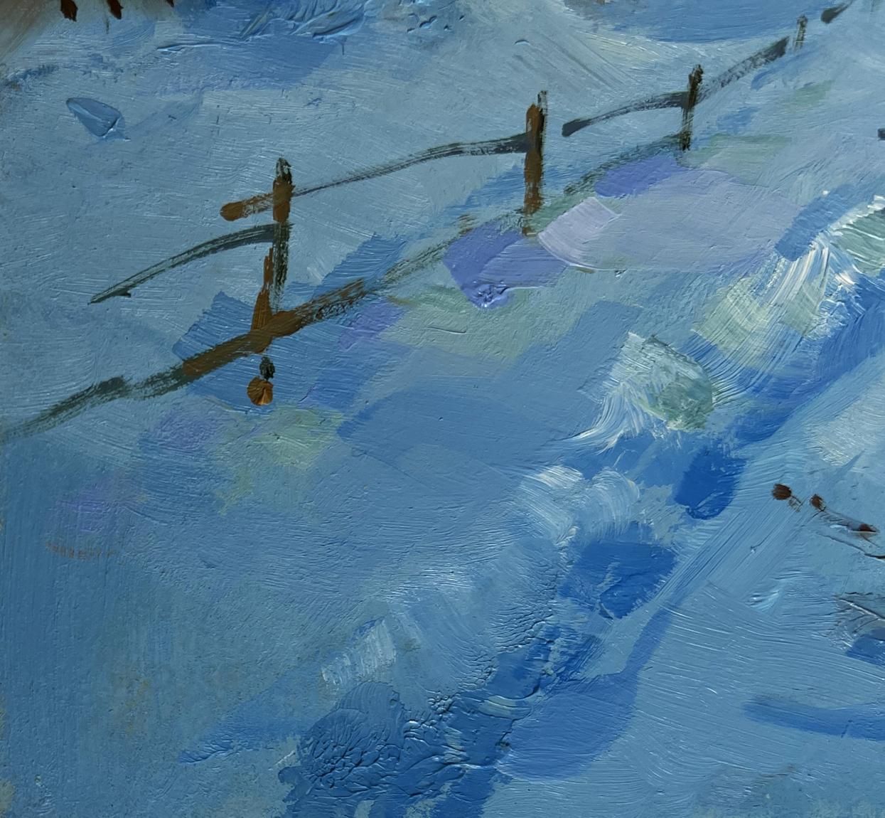 Oil painting Snowy path in village by Yuriy Suprunchuk with rustic fence