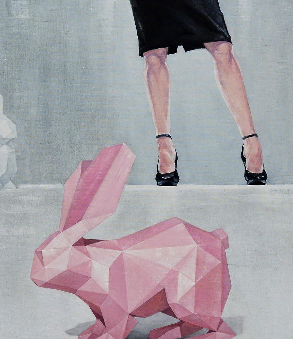 Pink geometric rabbit sculpture by Oleg Kateryniuk oil painting
