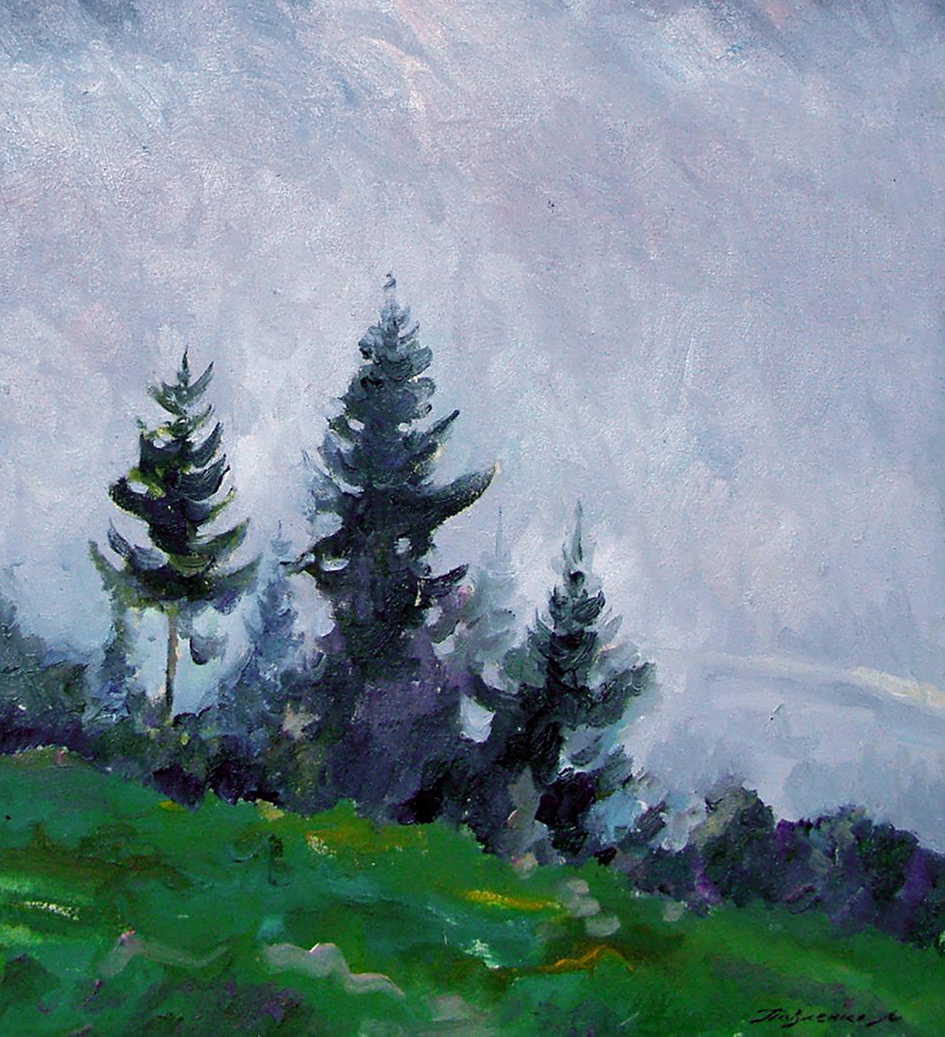 Oil painting Morning fog by Leonid Pavlenko: misty pine trees