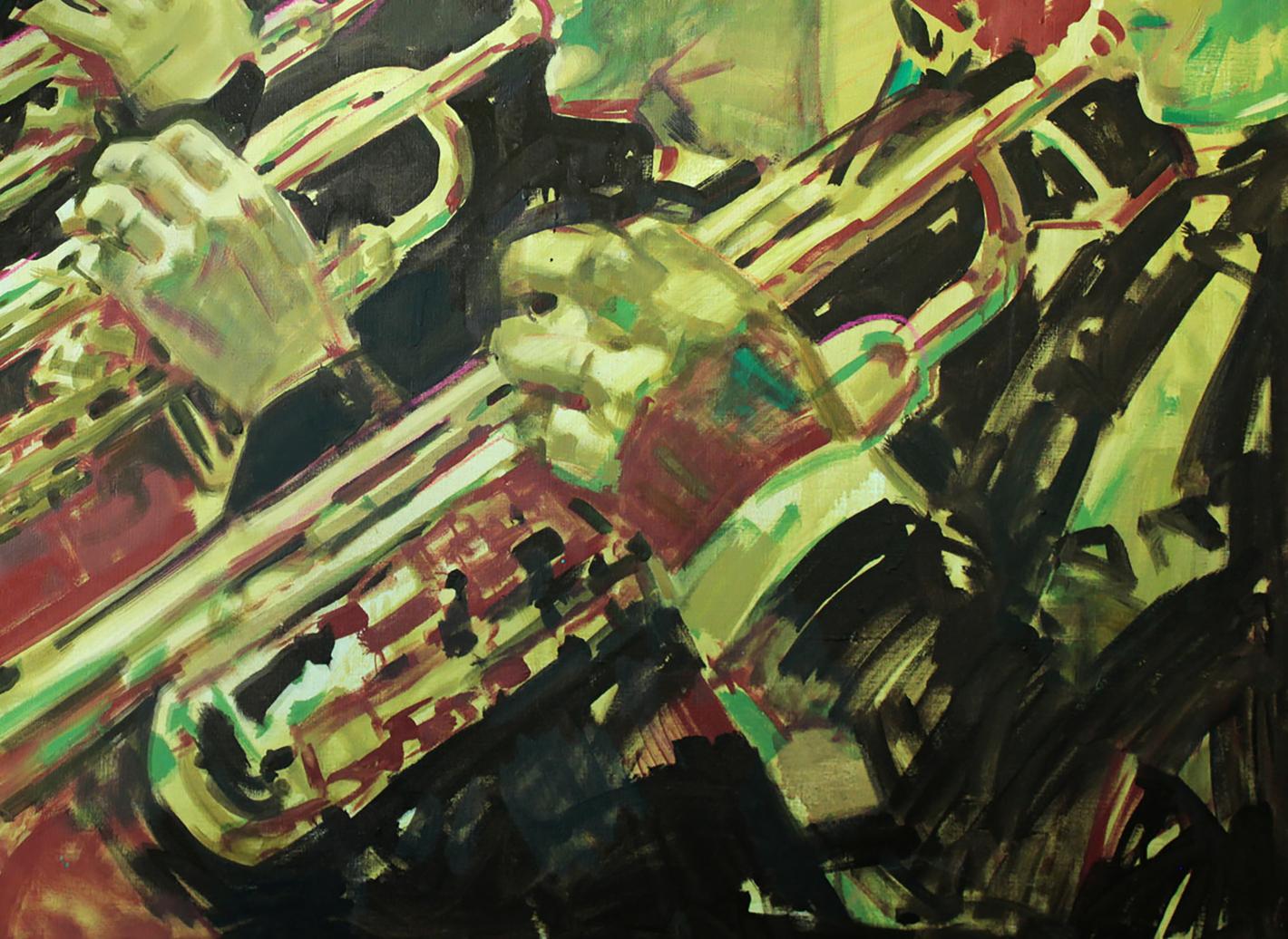 Oil painting March Ed Potapenkov with bold vibrant yellow red green black strokes