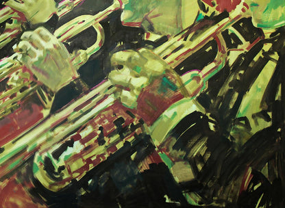 Oil painting March Ed Potapenkov with bold vibrant yellow red green black strokes