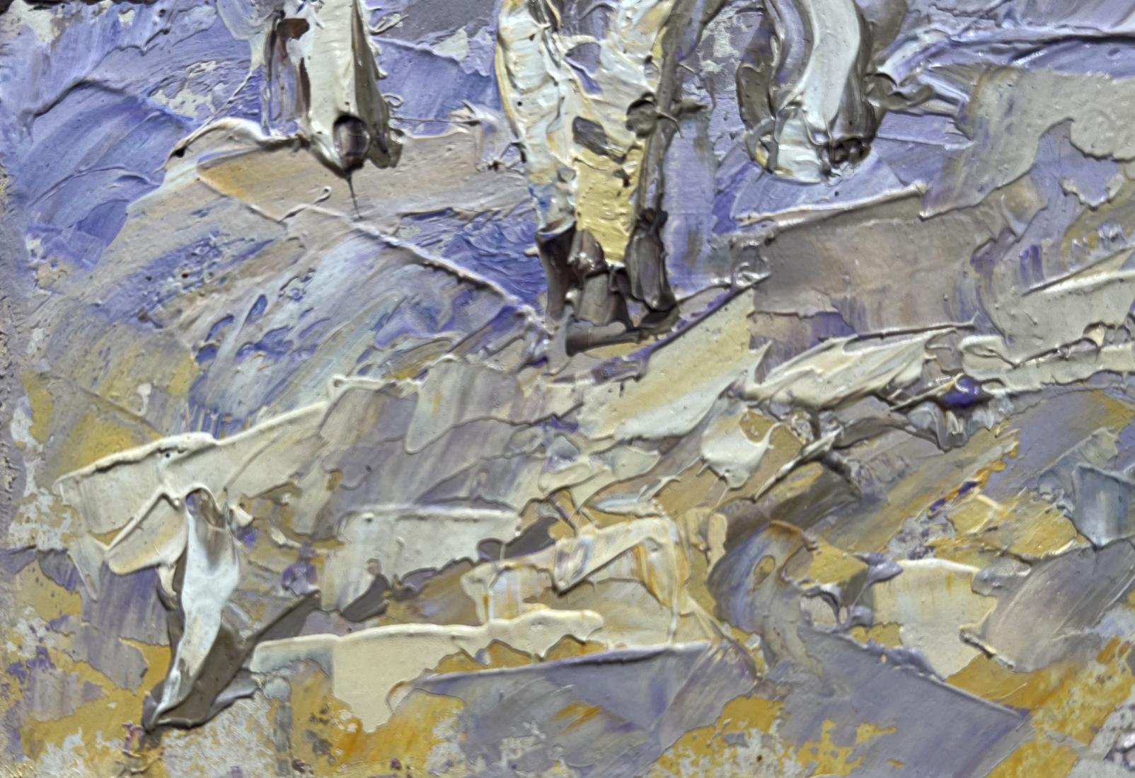Oil painting The end of winter is coming soon by Oleksiy Ivanyuk, abstract purple gray yellow textures