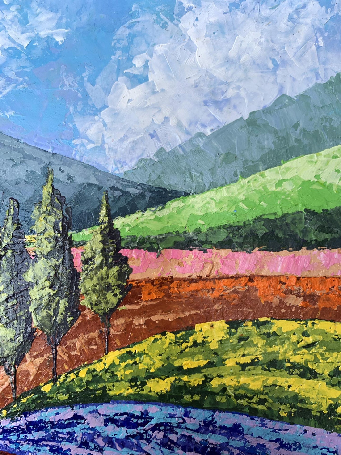 Vibrant impressionist oil painting Mountain Glade V. Zadorozhnya with green fields