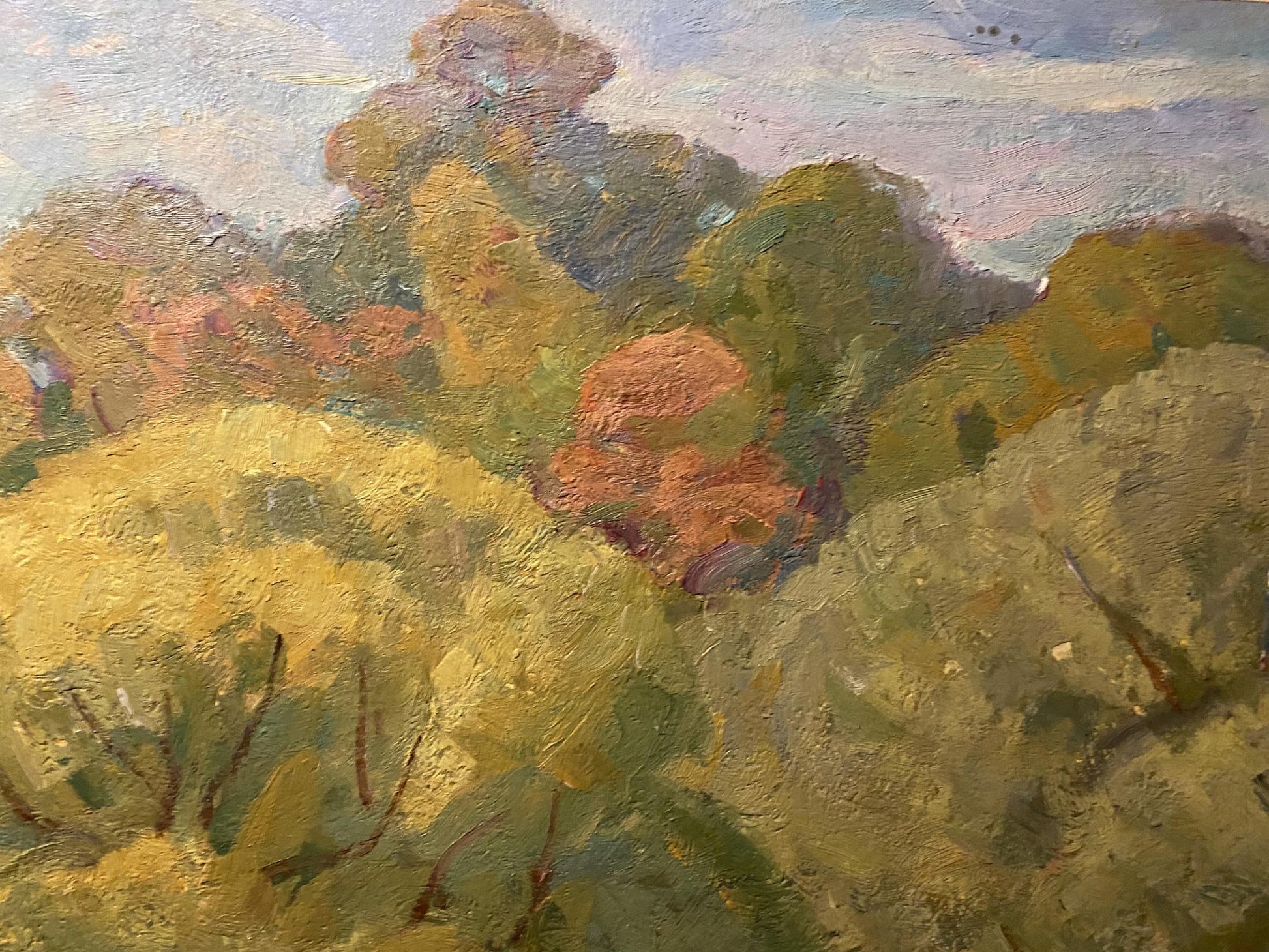 Oil painting Walk near the river by Nikolai Bortnikov, textured hills landscape