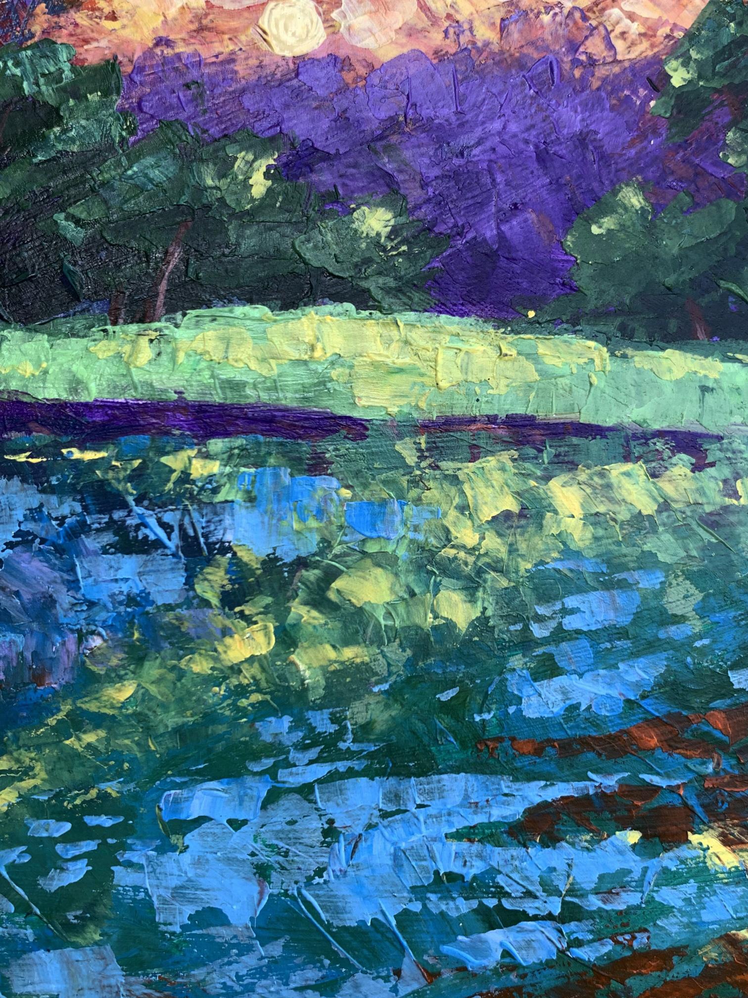 Vibrant impressionist oil painting Sunset behind the trees by V. Zadorozhnya