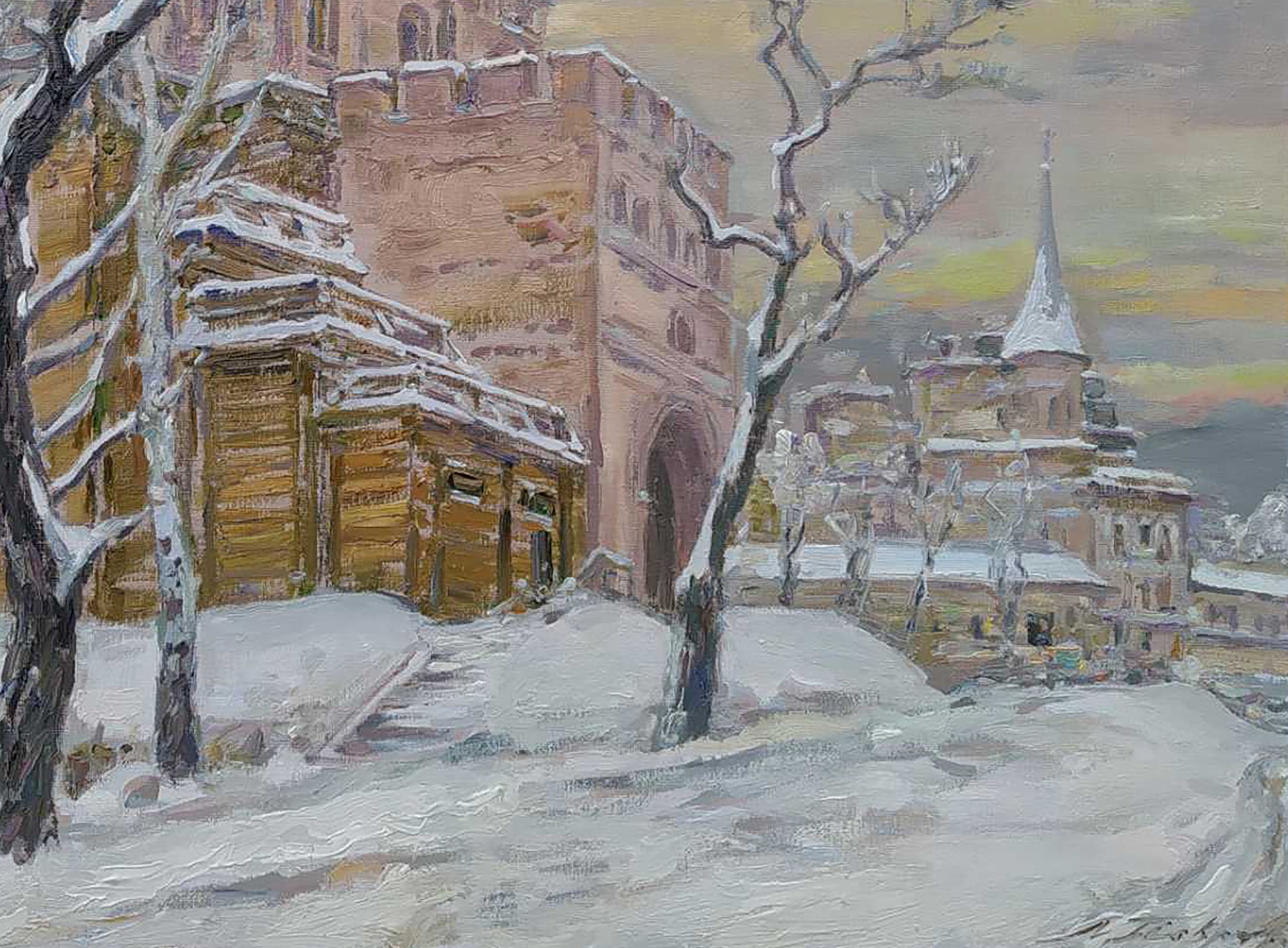 Wintery snow-covered stone and wood fortress by Leonid Pavlenko oil painting