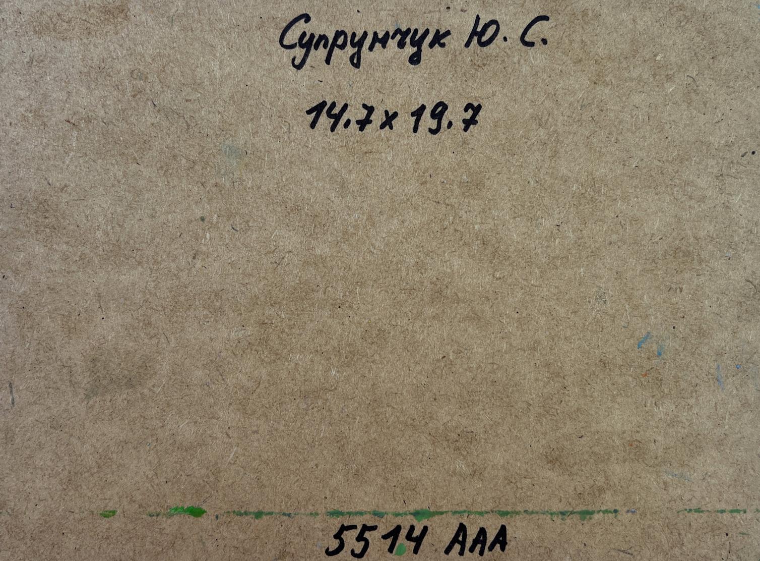 Back of Yuriy Suprunchuk oil painting Quiet village life: brown cardboard with Cyrillic text and measurements