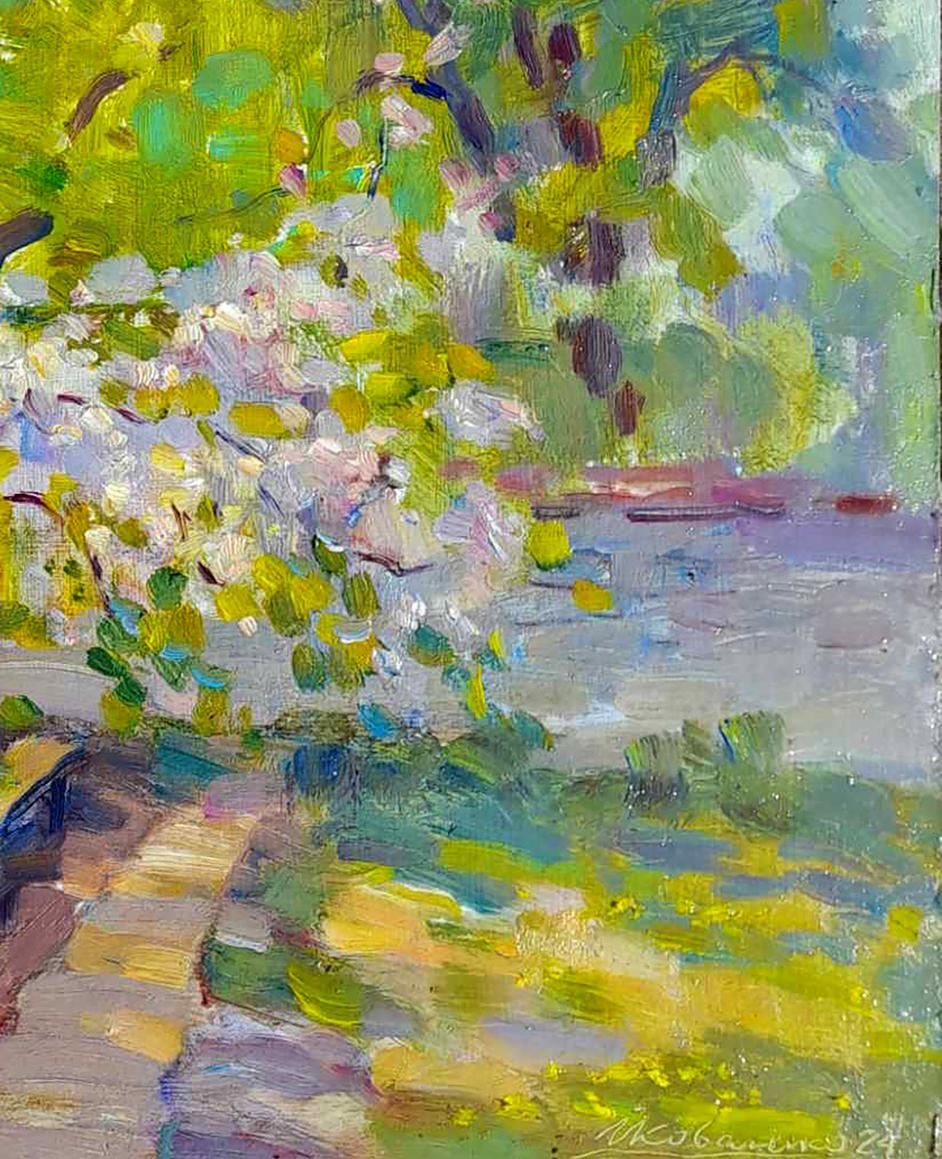 Vibrant Oi painting Gatherings in the garden by Ivan Kovalenko, blossoming tree