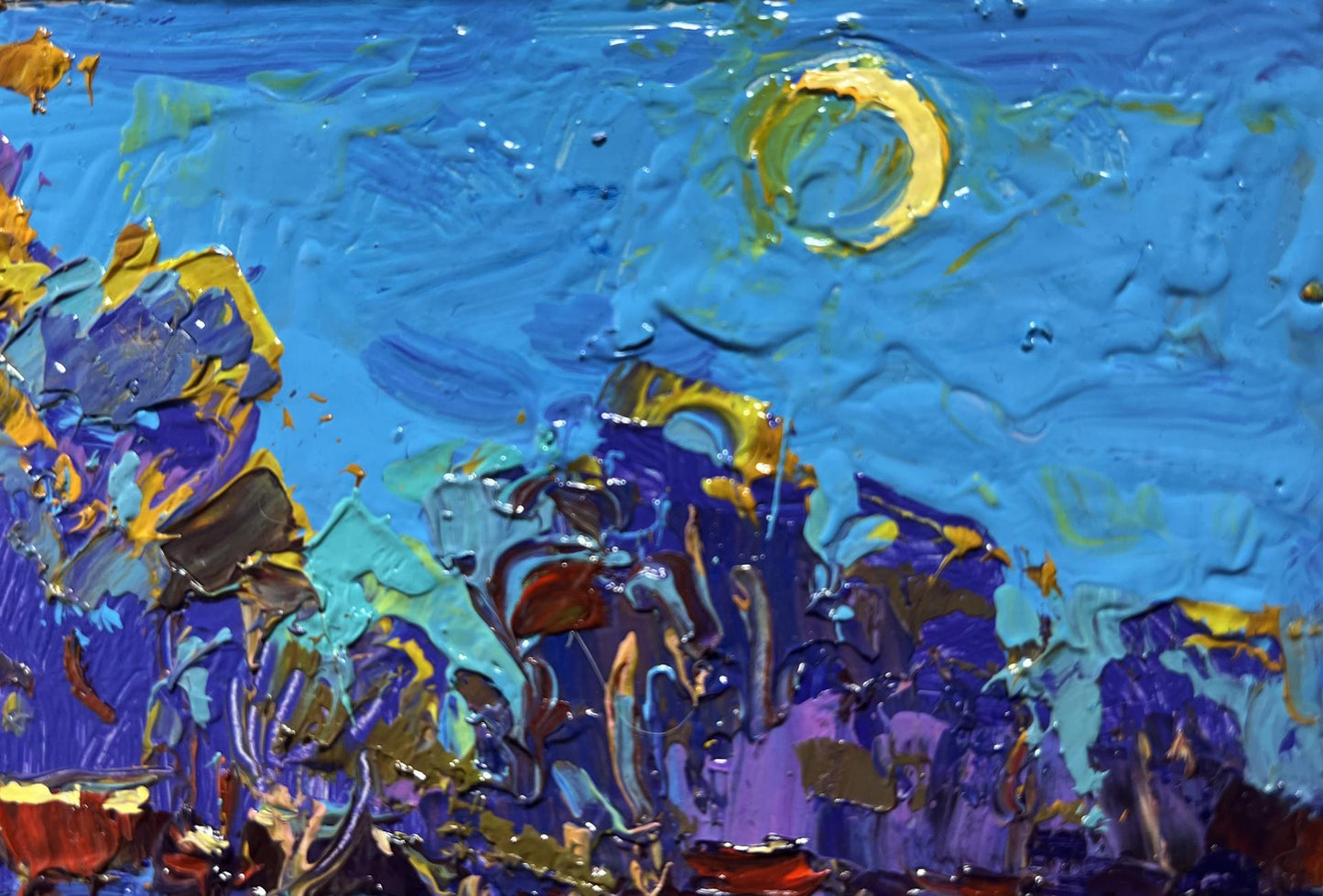 Oil painting Moonlight blue by Oksana Ivanyuk with vibrant impressionist moon and sky