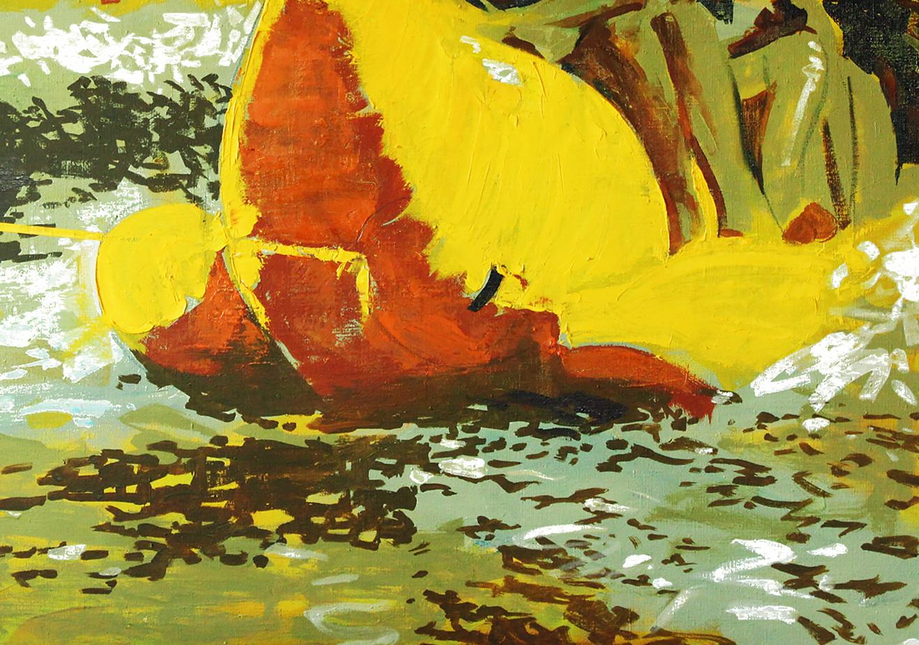 Vibrant yellow orange abstract oil painting of bananas by Ed Potapenkov