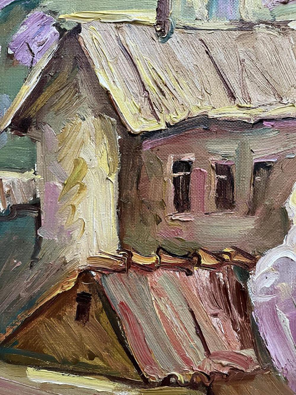 Oil painting Spring day Oleksandr Andreev rustic wooden house textured earth tones