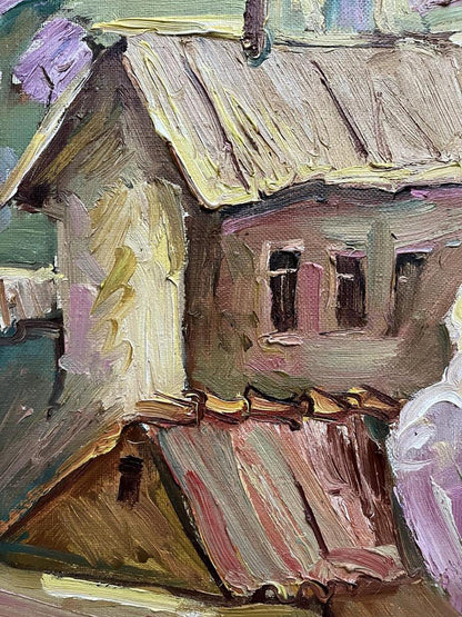 Oil painting Spring day Oleksandr Andreev rustic wooden house textured earth tones