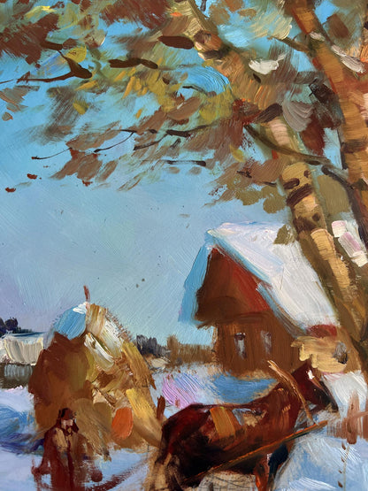 Oil painting by Yuriy Suprunchuk: rustic red house with snow roof under autumn trees