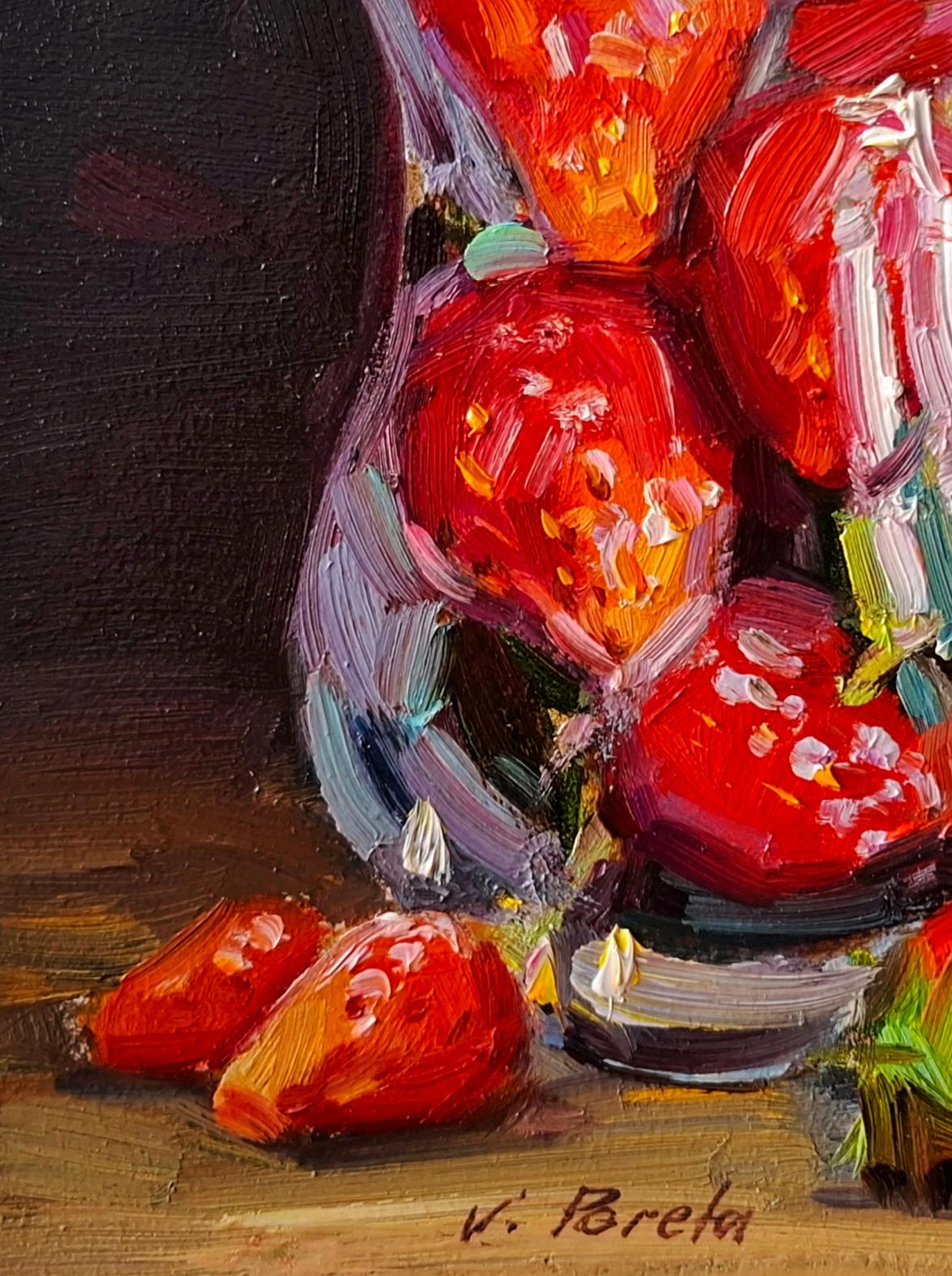 Oil painting Still life with strawberries by Vyacheslav Pereta: vibrant red strawberries in translucent glass vase with expressive brushstrokes