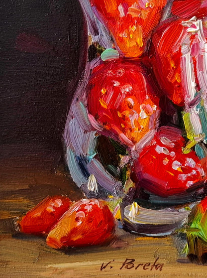 Oil painting Still life with strawberries by Vyacheslav Pereta: vibrant red strawberries in translucent glass vase with expressive brushstrokes