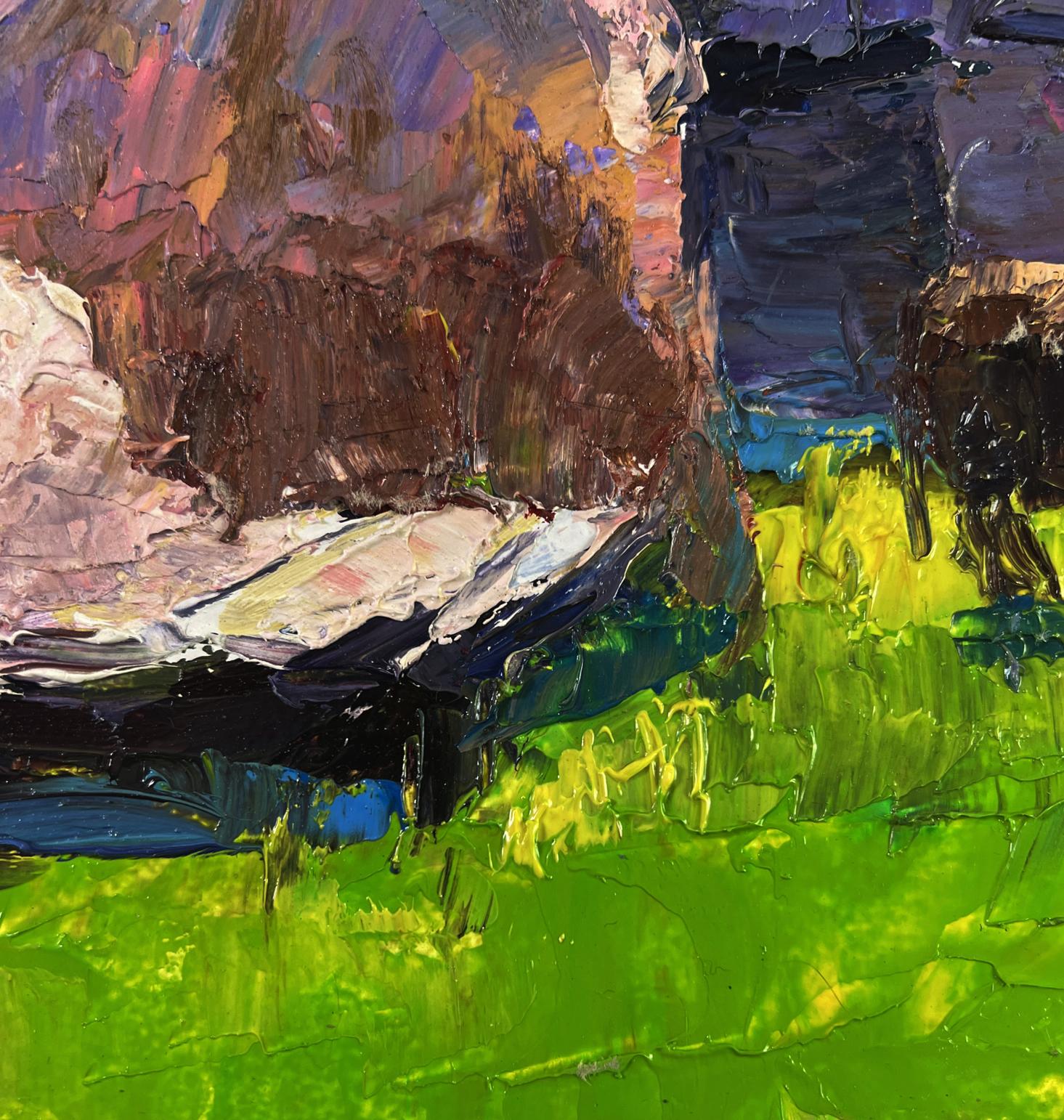 Vibrant impressionist oil painting of lonely cow in field by Boris Serdyuk