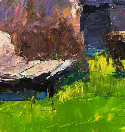 Vibrant impressionist oil painting of lonely cow in field by Boris Serdyuk