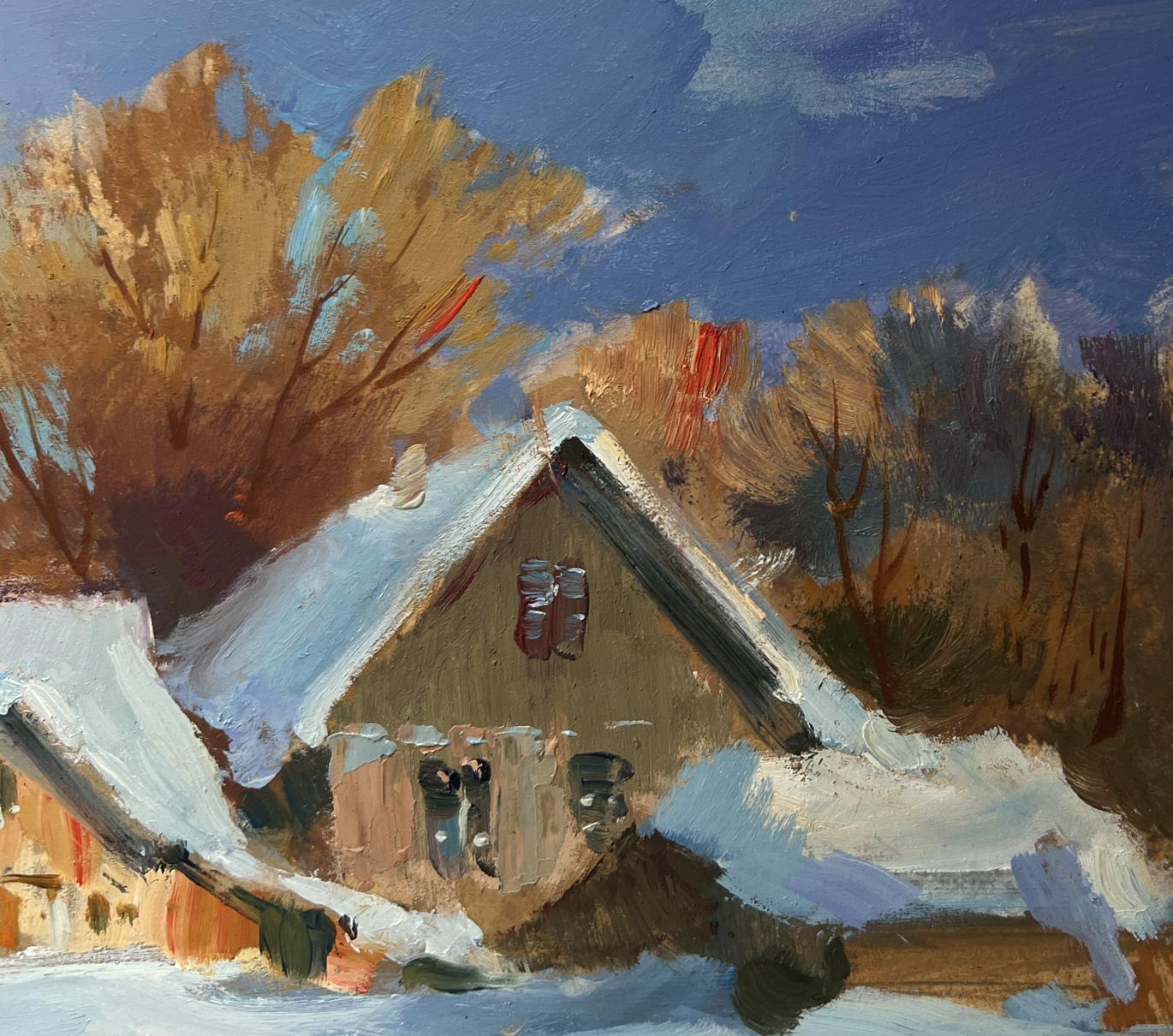 Oil painting of rustic snowy house by Yuriy Suprunchuk