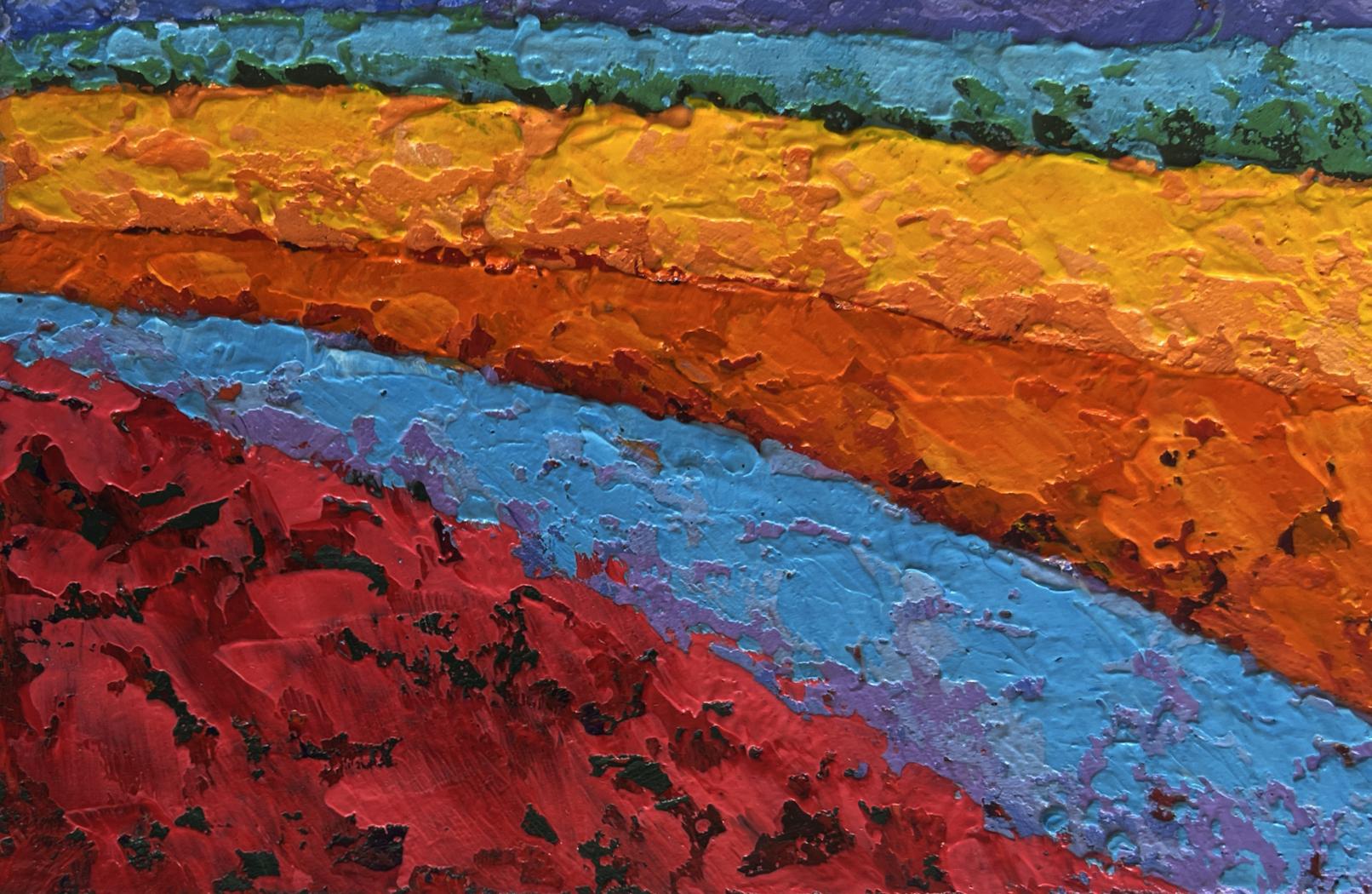 Vibrant oil painting of three trees in field by V. Zadorozhnya, rainbow hues