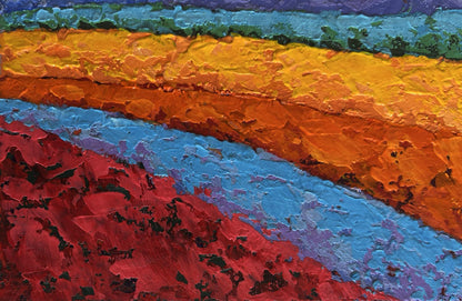 Vibrant oil painting of three trees in field by V. Zadorozhnya, rainbow hues