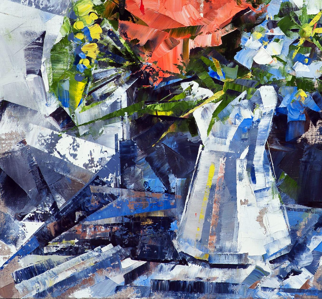 Oil painting Kaleidoscope of Bloom vase with red blue flowers by Volodymyr Gluhomanyuk