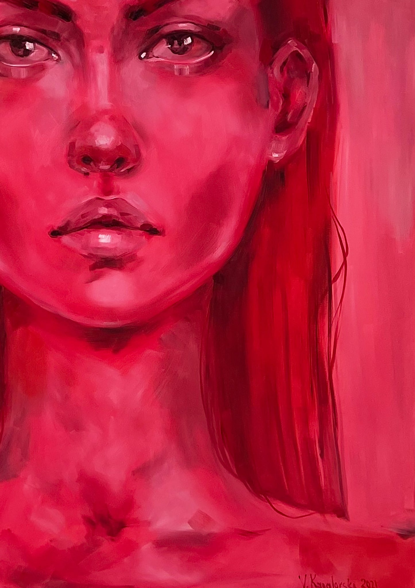 Vivid red oil painting portrait Doubt by Victoria Kagalovska