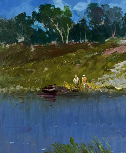 Vibrant impressionist oil painting by Yuriy Suprunchuk of people viewing river flow