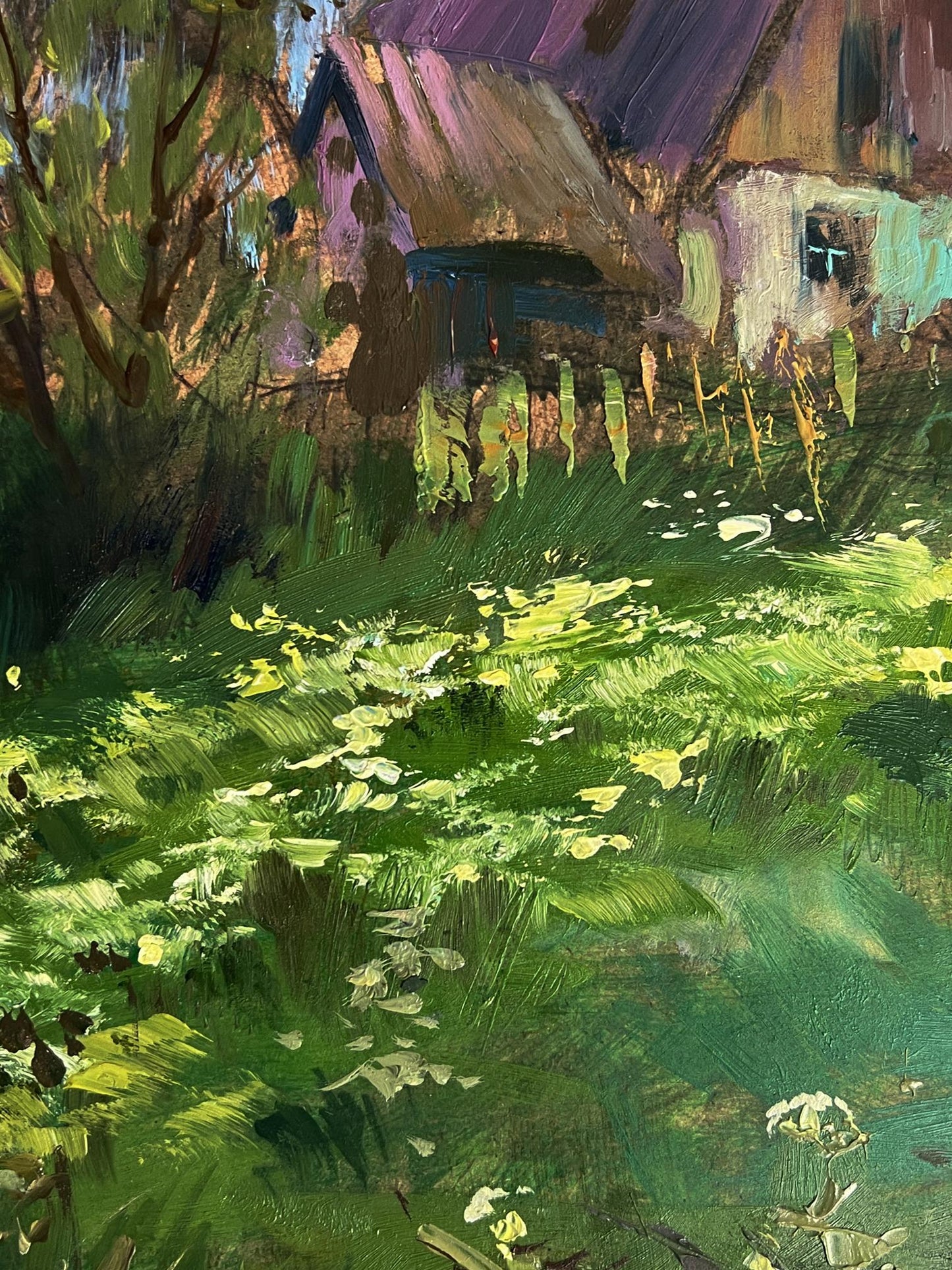 Oil painting by Yuriy Suprunchuk: rustic cottage with purple roof in green foliage