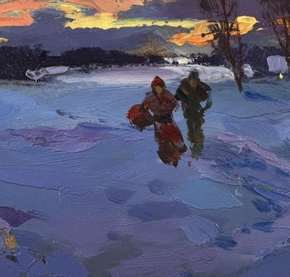 Oil painting Winter sunset by Yuriy Suprunchuk, textured twilight figures
