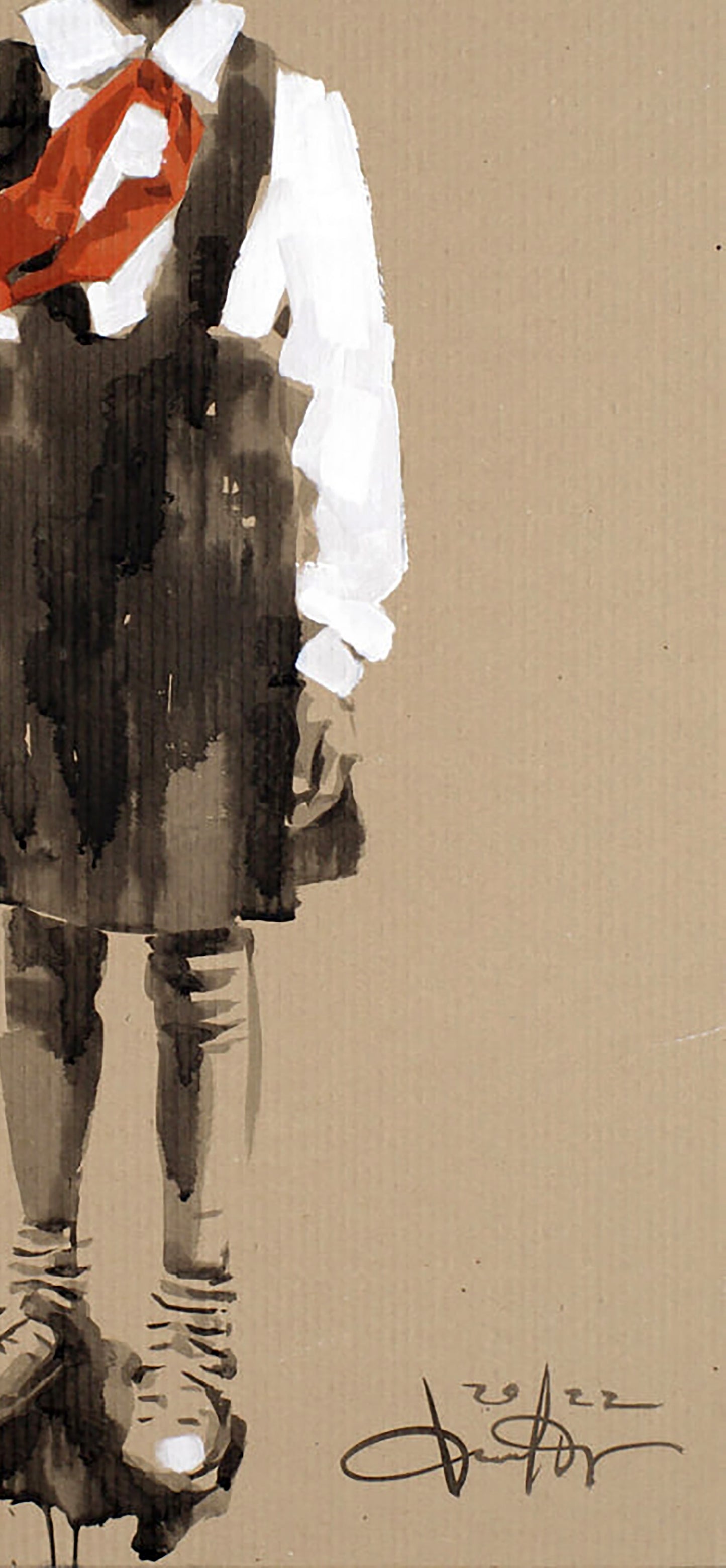 Stylized watercolor child in dark overalls, white shirt, red scarf by Dima Filatov