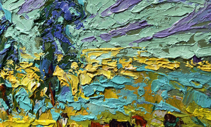 Oil painting In the spring meadows by Oleksiy Ivanyuk with textured green purple strokes