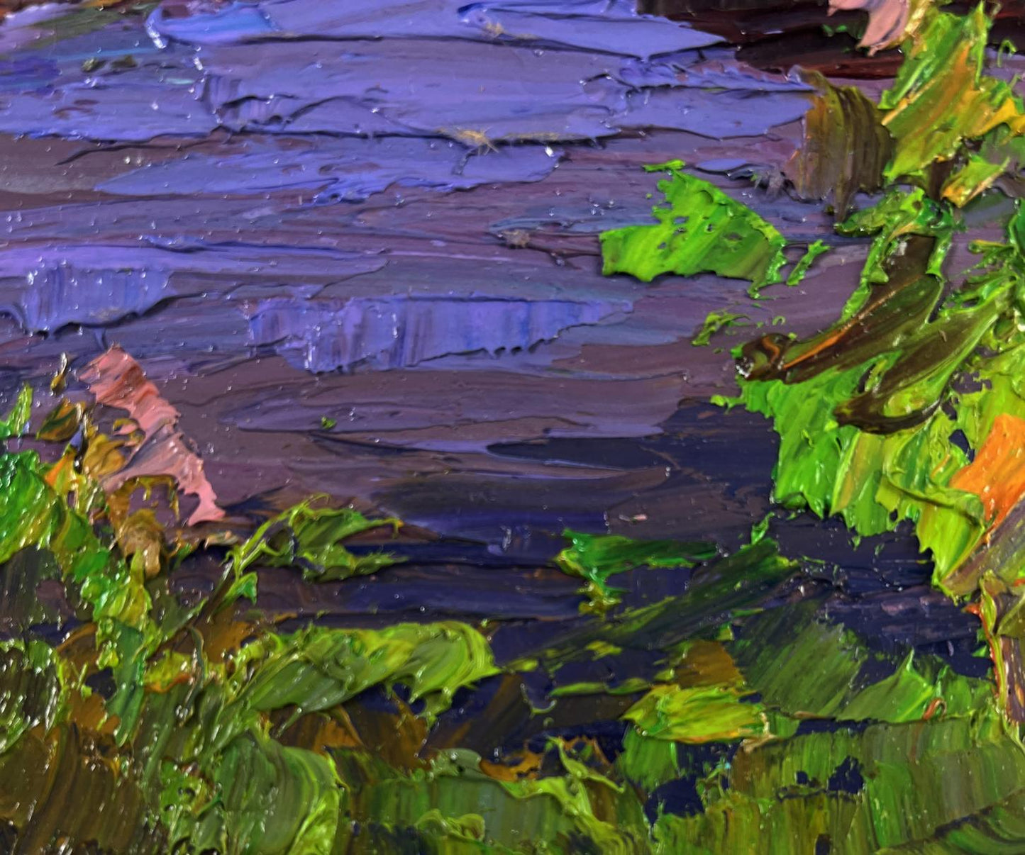 Oil painting Autumn colors in warm evening light by Boris Serdyuk with vibrant green purple impasto strokes