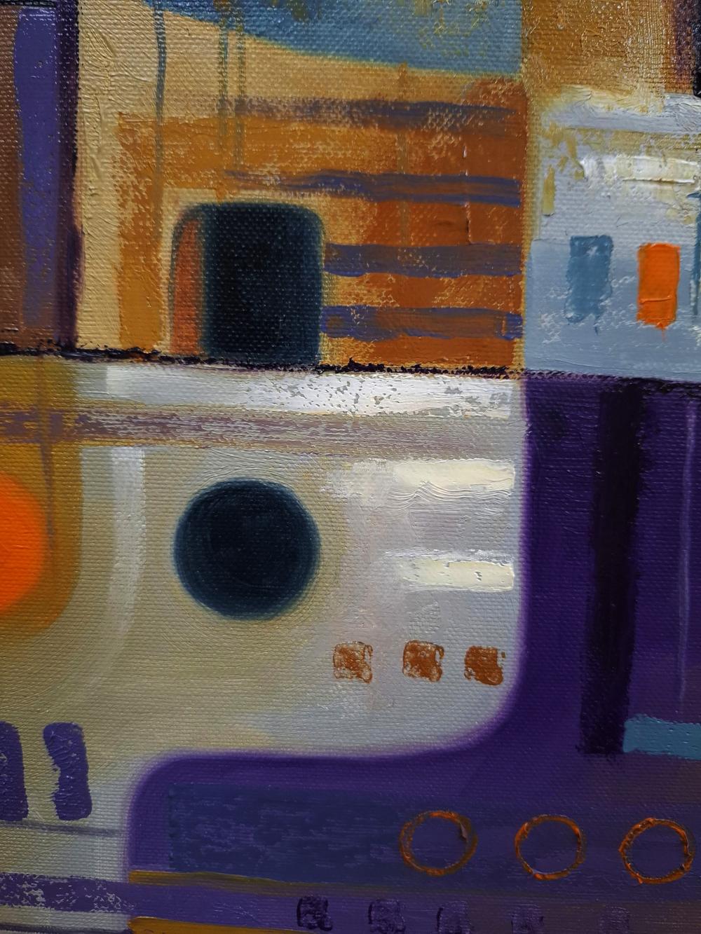 Oil painting of lighthouse and ships by Sergiy Voichenko with geometric shapes
