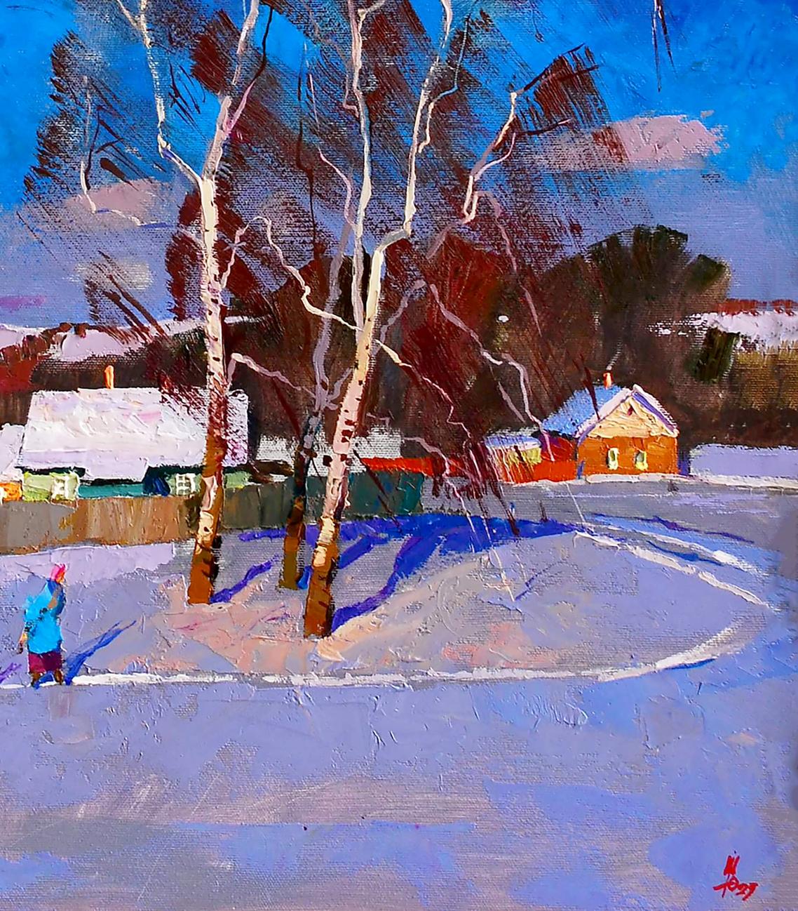 Vibrant impressionist oil painting January in the city by Egor Shvachunov