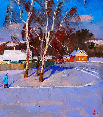 Vibrant impressionist oil painting January in the city by Egor Shvachunov